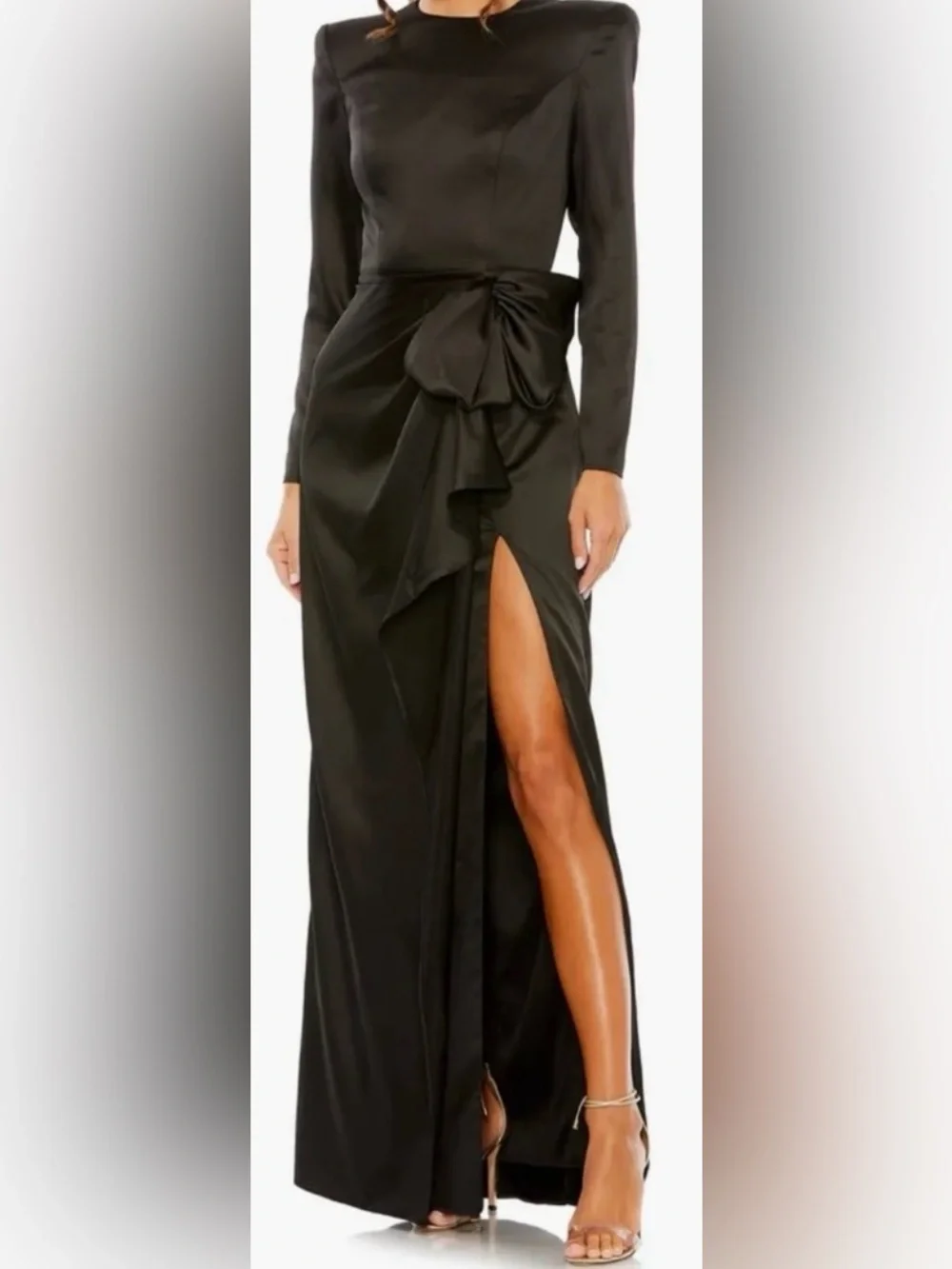 NWOT Mac Duggal Black Satin Bow Long Sleeve padded shoulder Column Gown sz 10